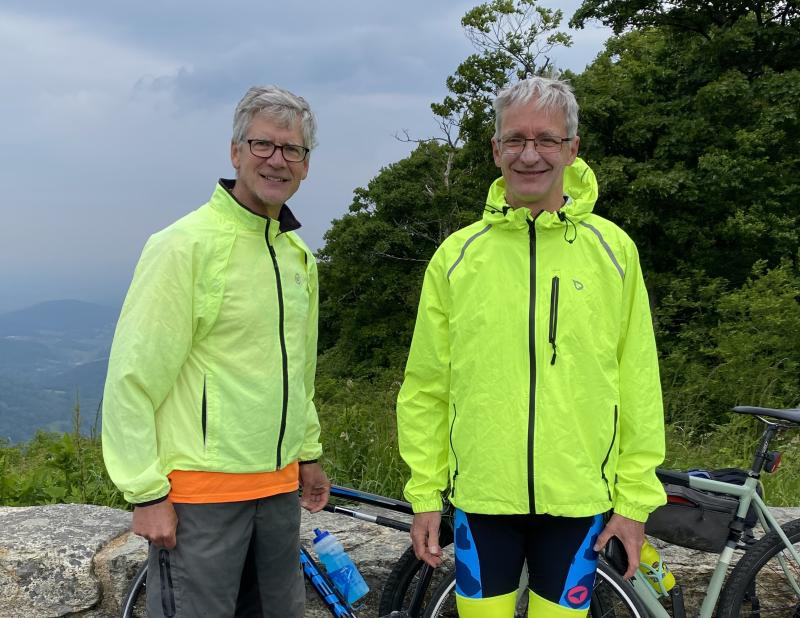 Dave Wellborn, left, of Lewes is organizing the Keystone State Ride, set for Sept. 9-14, to raise funds for cancer research. Rider sign-ups are still available. Wellborn is shown with his cousin and riding partner Allen Duncan; they were cycling in the Blue Ridge Mountains last June when the idea for this year’s events first surfaced. SUBMITTED PHOTO
